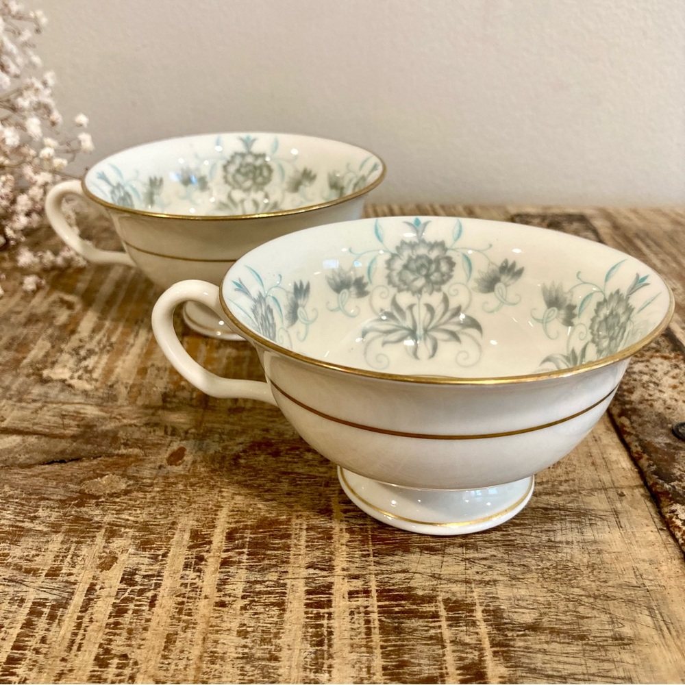 Pair Vintage Footed Teacups Castleton Caprice Made in USA Grey Turquoise Cream